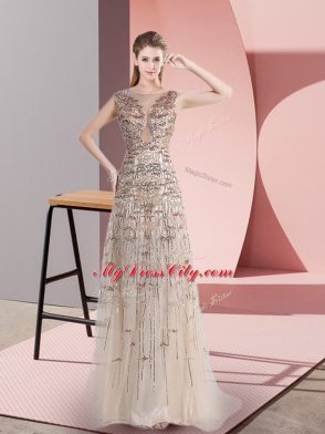 Cute Champagne Sleeveless Tulle Brush Train Zipper Homecoming Dress for Prom and Party and Military Ball