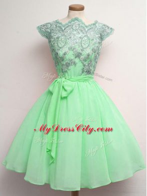 Apple Green Scalloped Lace Up Lace and Belt Dama Dress for Quinceanera Cap Sleeves