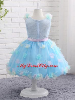 Baby Blue Sleeveless Knee Length Appliques and Hand Made Flower Zipper Flower Girl Dresses for Less