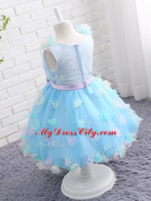 Baby Blue Sleeveless Knee Length Appliques and Hand Made Flower Zipper Flower Girl Dresses for Less