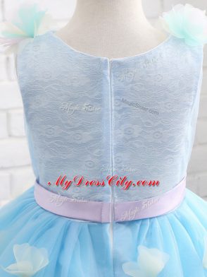 Baby Blue Sleeveless Knee Length Appliques and Hand Made Flower Zipper Flower Girl Dresses for Less