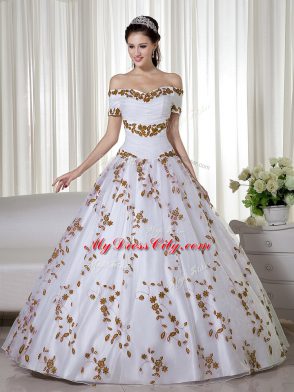 Excellent Off The Shoulder Short Sleeves Organza Vestidos de Quinceanera Embroidery Lace Up