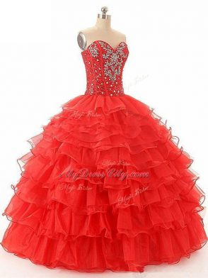 Graceful Floor Length Red 15th Birthday Dress Sweetheart Sleeveless Lace Up