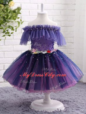 Off The Shoulder Short Sleeves Tulle Kids Formal Wear Beading and Hand Made Flower Lace Up