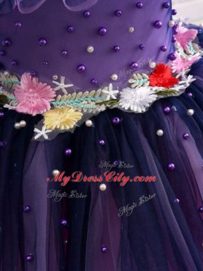 Off The Shoulder Short Sleeves Tulle Kids Formal Wear Beading and Hand Made Flower Lace Up