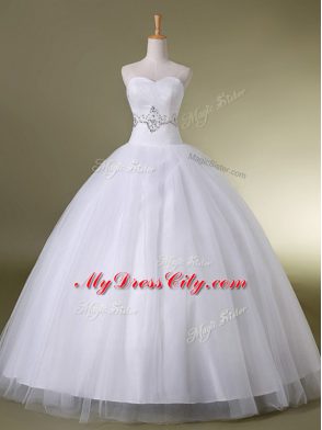 White Ball Gowns Beading Wedding Dresses Lace Up Tulle Sleeveless Floor Length