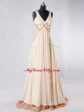 High Quality Champagne A-line V-neck Sleeveless Chiffon Sweep Train Backless Beading and Lace and Hand Made Flower Prom Evening Gown