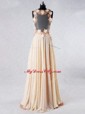 High Quality Champagne A-line V-neck Sleeveless Chiffon Sweep Train Backless Beading and Lace and Hand Made Flower Prom Evening Gown