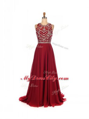 Sleeveless Beading Criss Cross Prom Dresses with Wine Red Brush Train