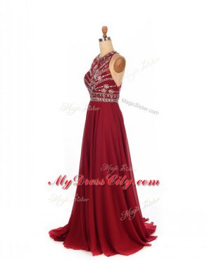 Sleeveless Beading Criss Cross Prom Dresses with Wine Red Brush Train