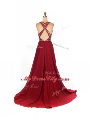 Sleeveless Beading Criss Cross Prom Dresses with Wine Red Brush Train