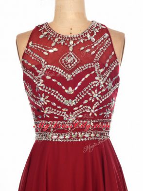 Sleeveless Beading Criss Cross Prom Dresses with Wine Red Brush Train