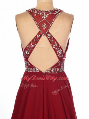 Sleeveless Beading Criss Cross Prom Dresses with Wine Red Brush Train