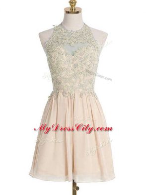 Beautiful Knee Length Champagne Bridesmaid Gown Halter Top Sleeveless Lace Up