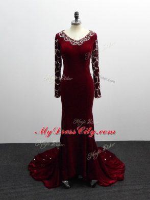 Long Sleeves Elastic Woven Satin Brush Train Zipper Mother Dresses in Burgundy with Beading