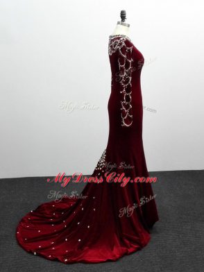 Long Sleeves Elastic Woven Satin Brush Train Zipper Mother Dresses in Burgundy with Beading