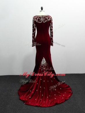 Long Sleeves Elastic Woven Satin Brush Train Zipper Mother Dresses in Burgundy with Beading