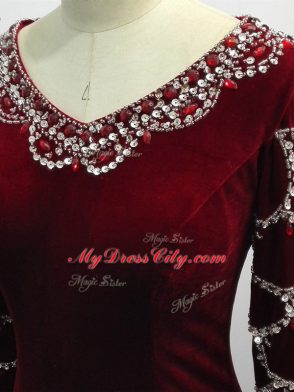 Long Sleeves Elastic Woven Satin Brush Train Zipper Mother Dresses in Burgundy with Beading