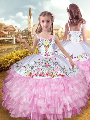 Straps Sleeveless Organza and Taffeta Juniors Party Dress Embroidery and Ruffled Layers Lace Up
