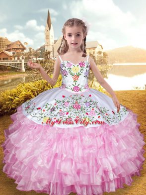Straps Sleeveless Organza and Taffeta Juniors Party Dress Embroidery and Ruffled Layers Lace Up