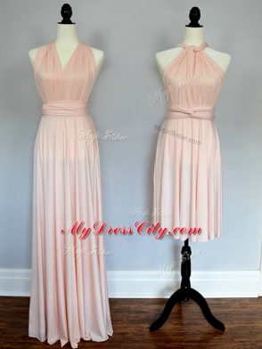 Chic Baby Pink and Peach Halter Top Neckline Ruching Wedding Guest Dresses Sleeveless Lace Up