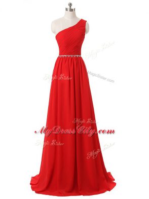 Inexpensive Red Side Zipper One Shoulder Beading and Ruching Quinceanera Court of Honor Dress Chiffon Sleeveless