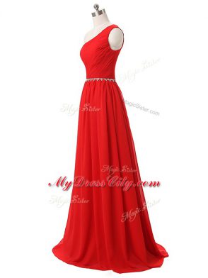 Inexpensive Red Side Zipper One Shoulder Beading and Ruching Quinceanera Court of Honor Dress Chiffon Sleeveless