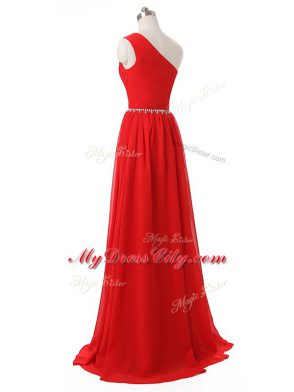Inexpensive Red Side Zipper One Shoulder Beading and Ruching Quinceanera Court of Honor Dress Chiffon Sleeveless