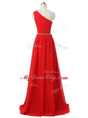 Inexpensive Red Side Zipper One Shoulder Beading and Ruching Quinceanera Court of Honor Dress Chiffon Sleeveless