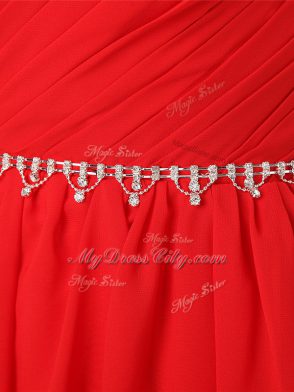 Inexpensive Red Side Zipper One Shoulder Beading and Ruching Quinceanera Court of Honor Dress Chiffon Sleeveless