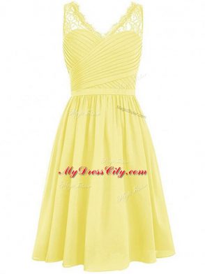 Sumptuous Yellow Empire Chiffon V-neck Sleeveless Lace and Ruching Knee Length Side Zipper Bridesmaid Dress