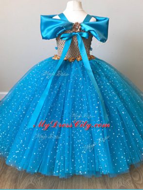 Fantastic Tulle Cap Sleeves Floor Length Toddler Flower Girl Dress and Sequins and Belt