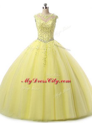 Yellow Lace Up Scoop Beading and Lace Quince Ball Gowns Tulle Sleeveless