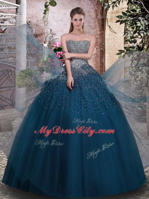 Wonderful Teal Ball Gowns Tulle Strapless Sleeveless Beading Floor Length Lace Up Sweet 16 Dresses