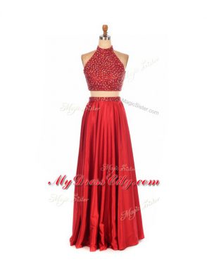 Suitable Red Backless Prom Evening Gown Beading Sleeveless Floor Length