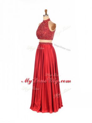 Suitable Red Backless Prom Evening Gown Beading Sleeveless Floor Length