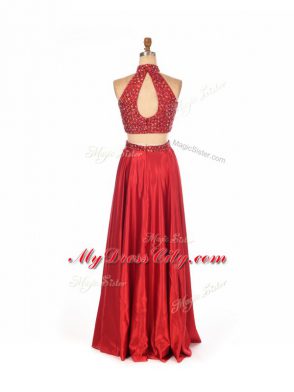 Suitable Red Backless Prom Evening Gown Beading Sleeveless Floor Length