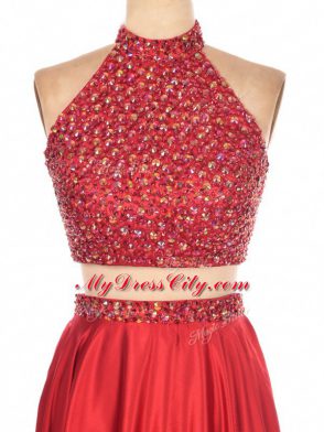 Suitable Red Backless Prom Evening Gown Beading Sleeveless Floor Length