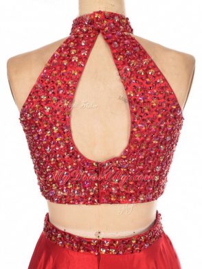 Suitable Red Backless Prom Evening Gown Beading Sleeveless Floor Length