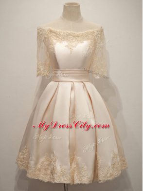 Knee Length Zipper Bridesmaid Gown Champagne for Prom and Party and Wedding Party with Lace