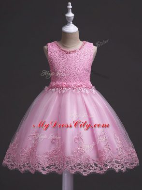 Latest Ball Gowns Teens Party Dress Rose Pink Scoop Tulle Sleeveless Knee Length Zipper