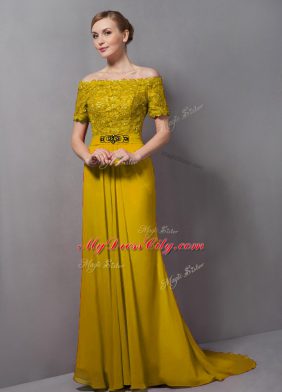 Delicate Short Sleeves Sweep Train Lace Zipper Mother of the Bride Dress