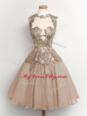 Luxurious High-neck Sleeveless Bridesmaids Dress Knee Length Lace Brown Chiffon