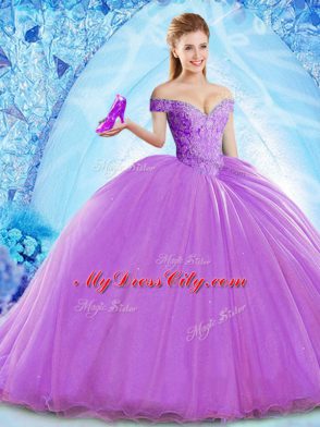 Delicate Lavender Organza Lace Up Off The Shoulder Sleeveless Quince Ball Gowns Brush Train Beading