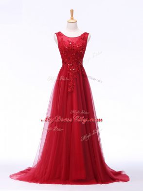 Red Lace Up Scoop Lace and Appliques Going Out Dresses Tulle Sleeveless Brush Train