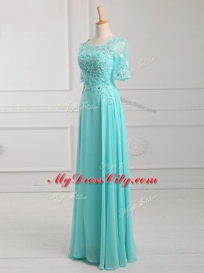 Popular Floor Length Empire Half Sleeves Aqua Blue Mother of Bride Dresses Zipper