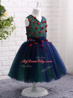 Custom Made Navy Blue Little Girl Pageant Dress Wedding Party with Lace and Appliques V-neck Sleeveless Zipper