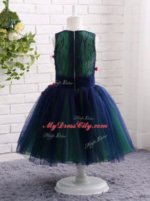 Custom Made Navy Blue Little Girl Pageant Dress Wedding Party with Lace and Appliques V-neck Sleeveless Zipper