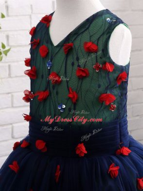 Custom Made Navy Blue Little Girl Pageant Dress Wedding Party with Lace and Appliques V-neck Sleeveless Zipper