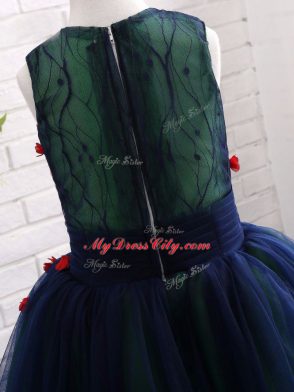 Custom Made Navy Blue Little Girl Pageant Dress Wedding Party with Lace and Appliques V-neck Sleeveless Zipper
